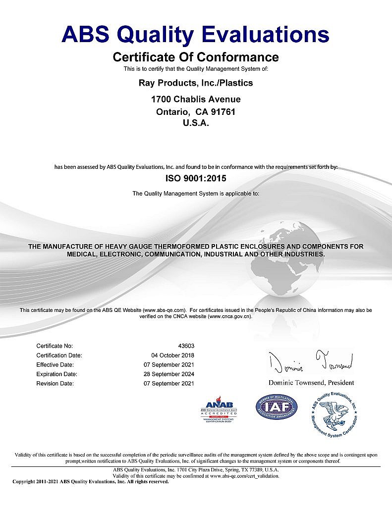 Ray Products ISO 9001:2015 Certification